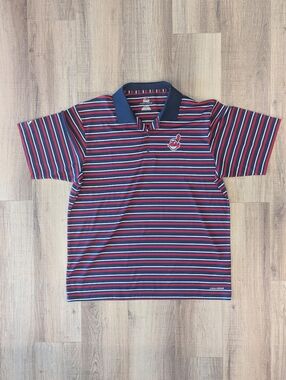 Cleveland Indians Majestic Cool Base Polo Shirt Mens XL Wahoo Striped MLB Golf